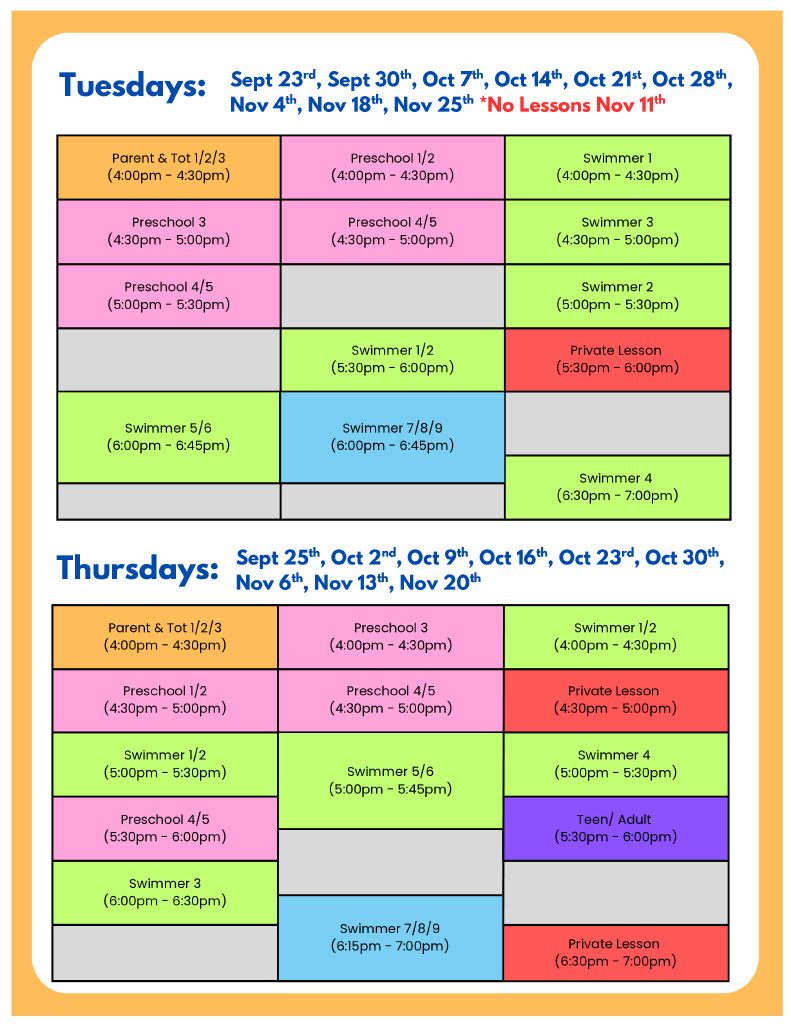 Fall Session - Swim Lesson Schedule - Date and Time